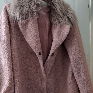 Pink lost ink cocoon coat with faux Mongolian fur